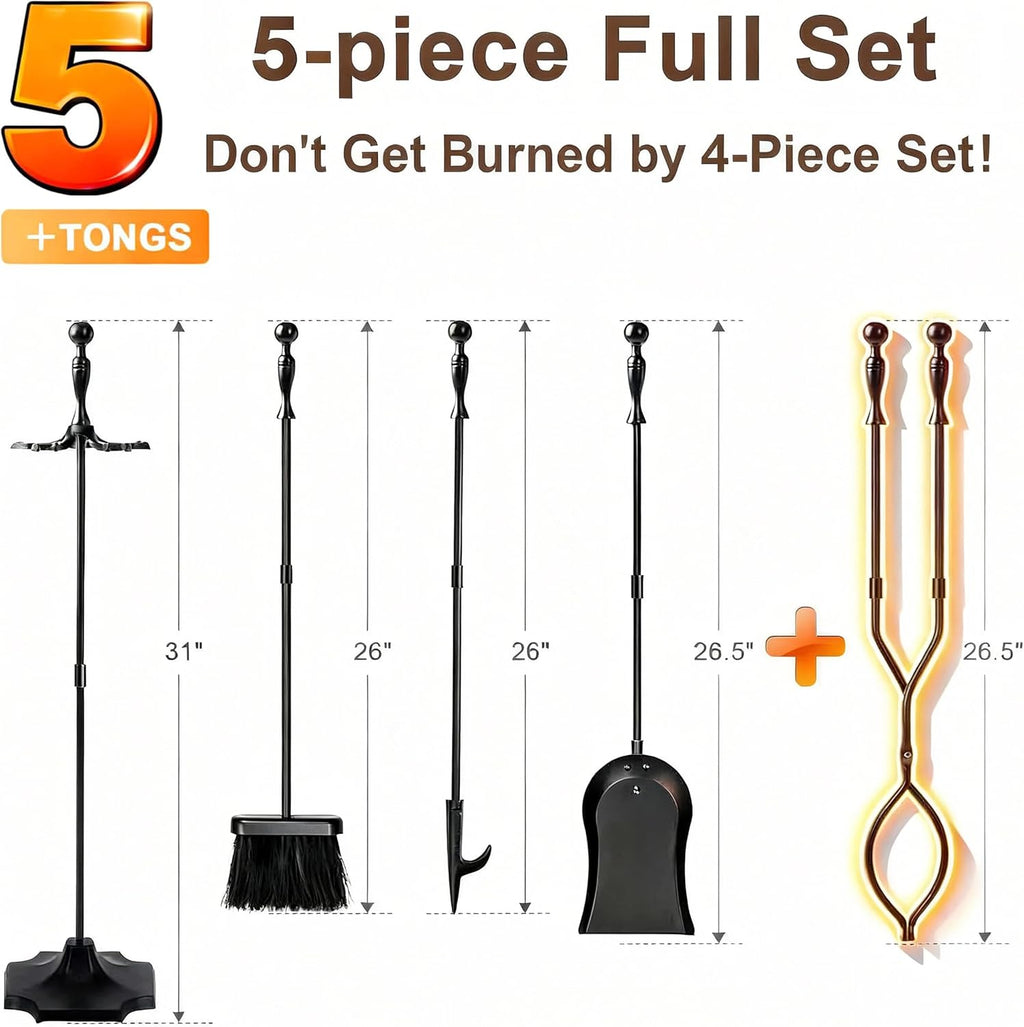 AMAGABELI Garden & Home 5 Pcs Fireplace Tools Set 31 Inch Indoor Black Handle Wrought Iron Large Fire Tool Accessories Set Holder Outdoor Fireset Modern Fire Pit Stand with Poker Brush Shovel Tong