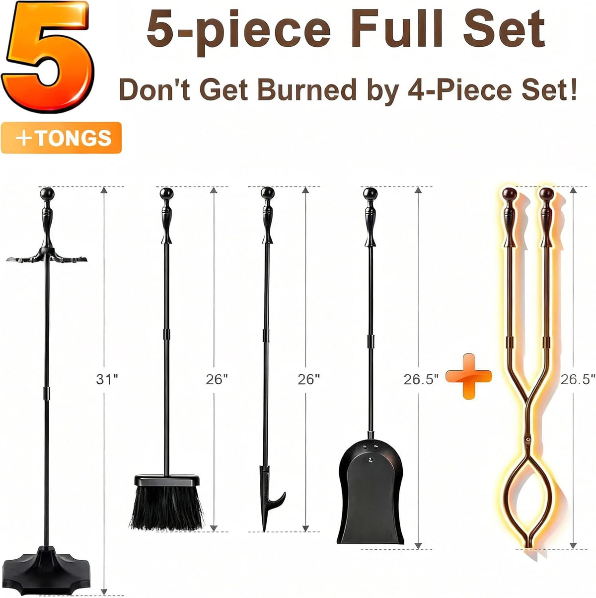 AMAGABELI Garden & Home 5 Pcs Fireplace Tools Set 31 Inch Indoor Black Handle Wrought Iron Large Fire Tool Accessories Set Holder Outdoor Fireset Modern Fire Pit Stand with Poker Brush Shovel Tong