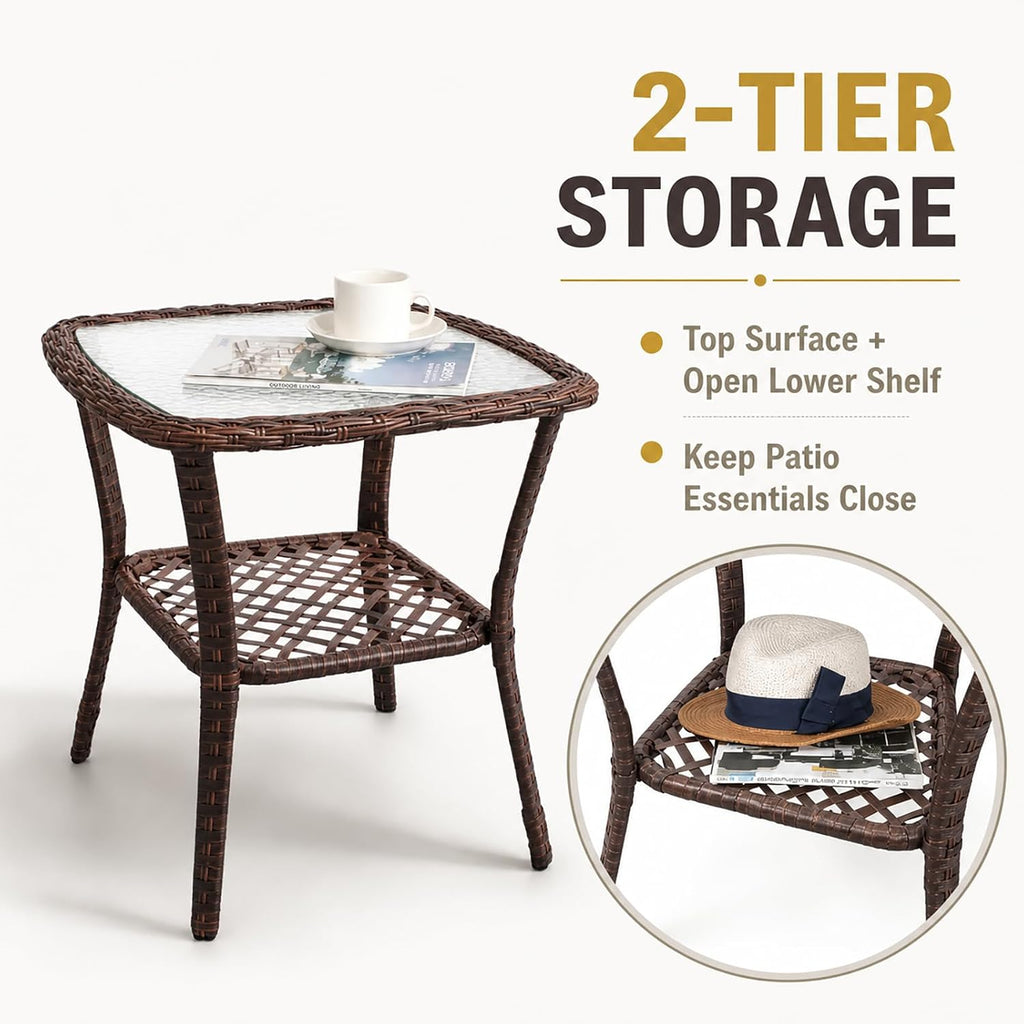 DIMAR GARDEN Outdoor Side Table Wicker Patio Coffee Table with Glass Top and Storage Shelf, Mixed Brown