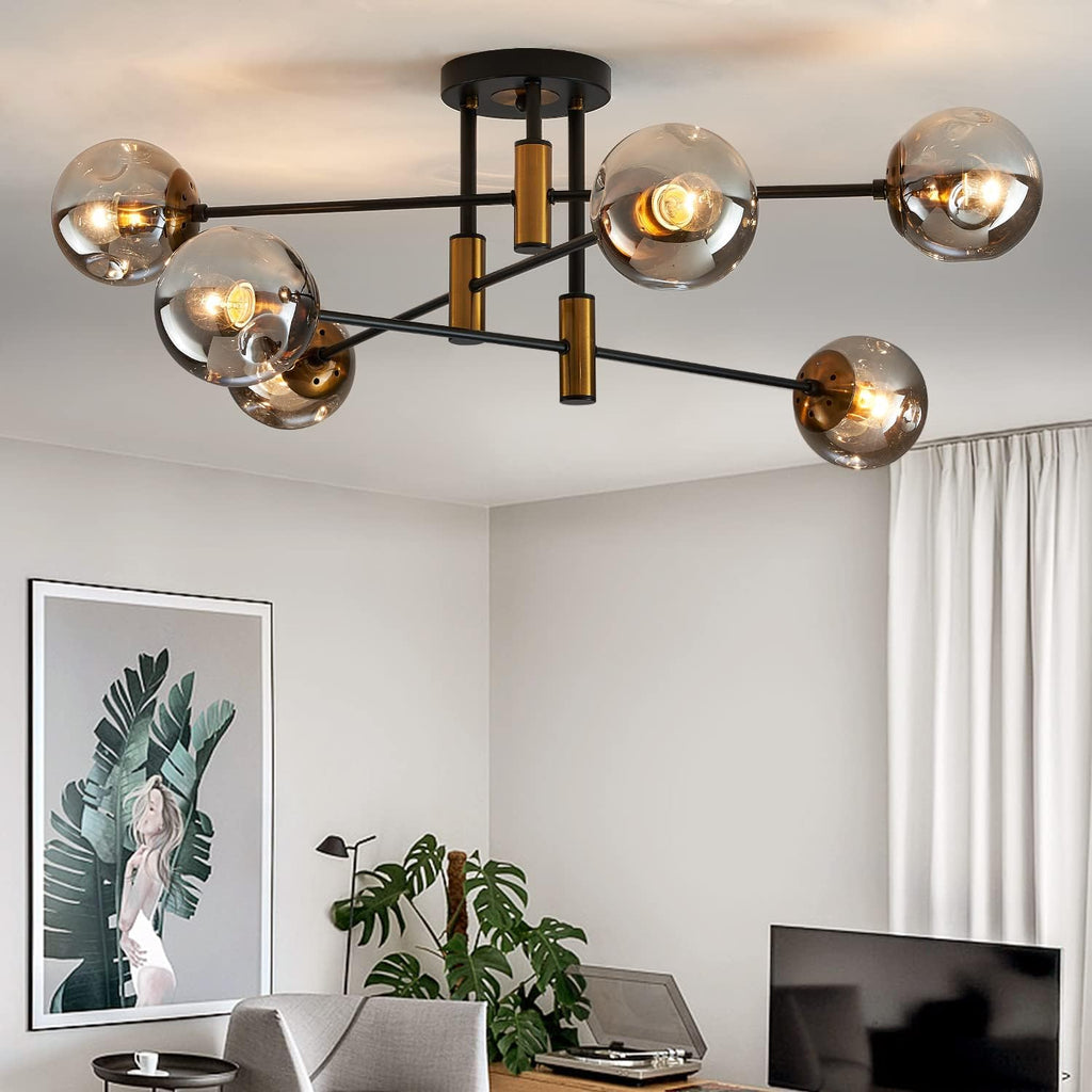6-Light Sputnik Ceiling Light Fixture Mid Century Black and Gold Chandelier