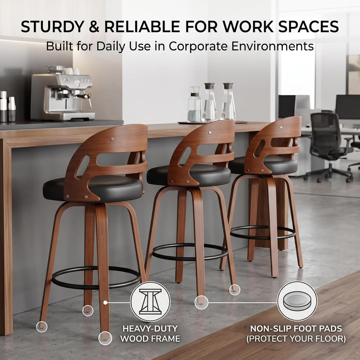 FevorFurn 26 Inch Swivel Bar Stools Set of 3, Upholstered Bar Chairs for Kitchen Island/Home Bar Table/Pantry/Café, Thick Cushion, Wooden Frame, Automatic Seat-Return to Center, Black