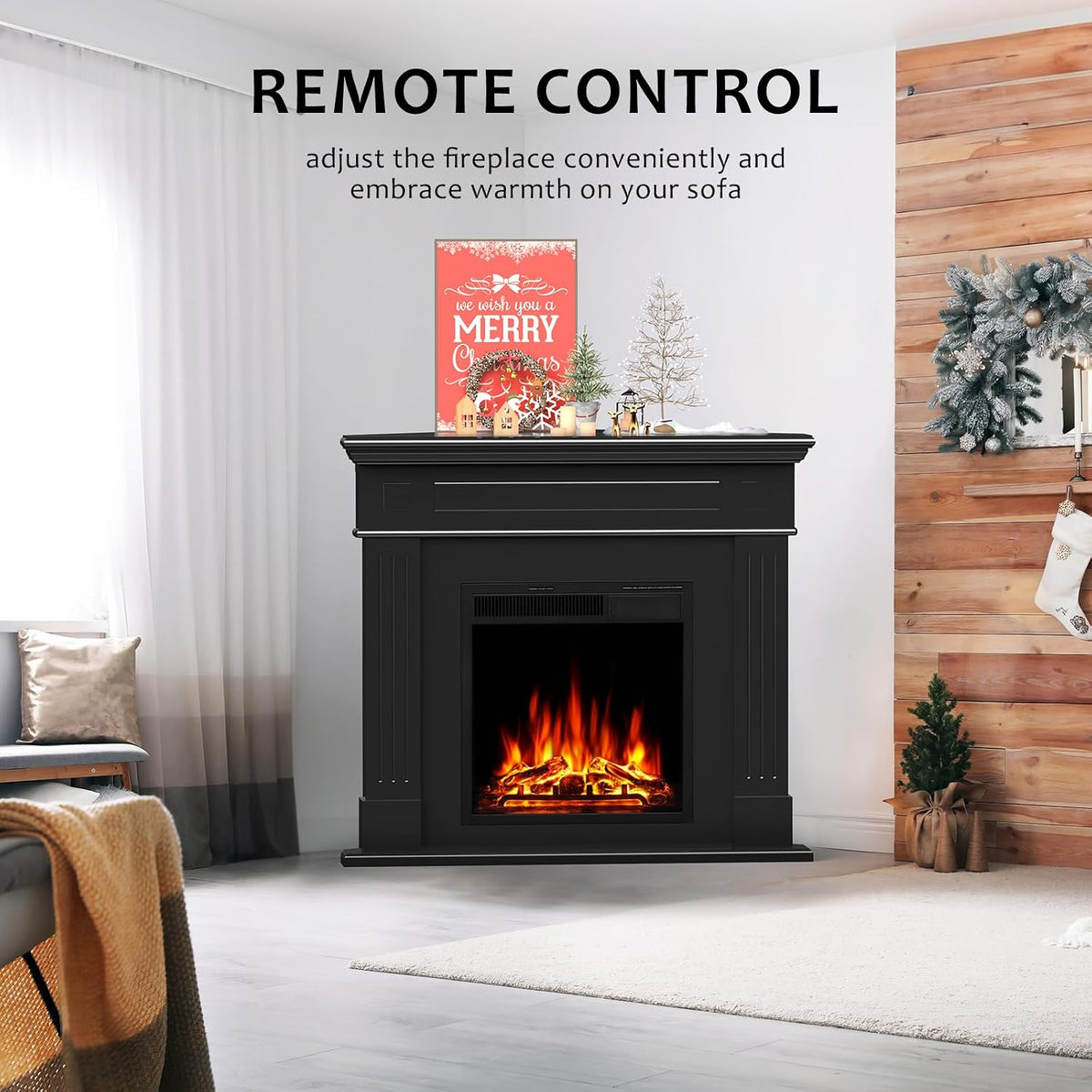 44" Corner Electric Fireplace with Mantel Package Freestanding Fireplace Heater Corner Firebox with Log & Remote Control,750-1500W,Black