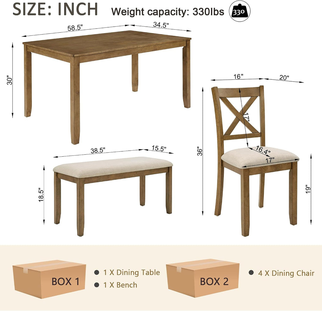 Merax 6-Piece Wood Kitchen Dining Table Set, 58.5" Rectangular Table with 4 Upholstered Chairs & 1 Bench, Rubberwood Legs Modern Elegant Farmhouse for Kitchen Room, Oak