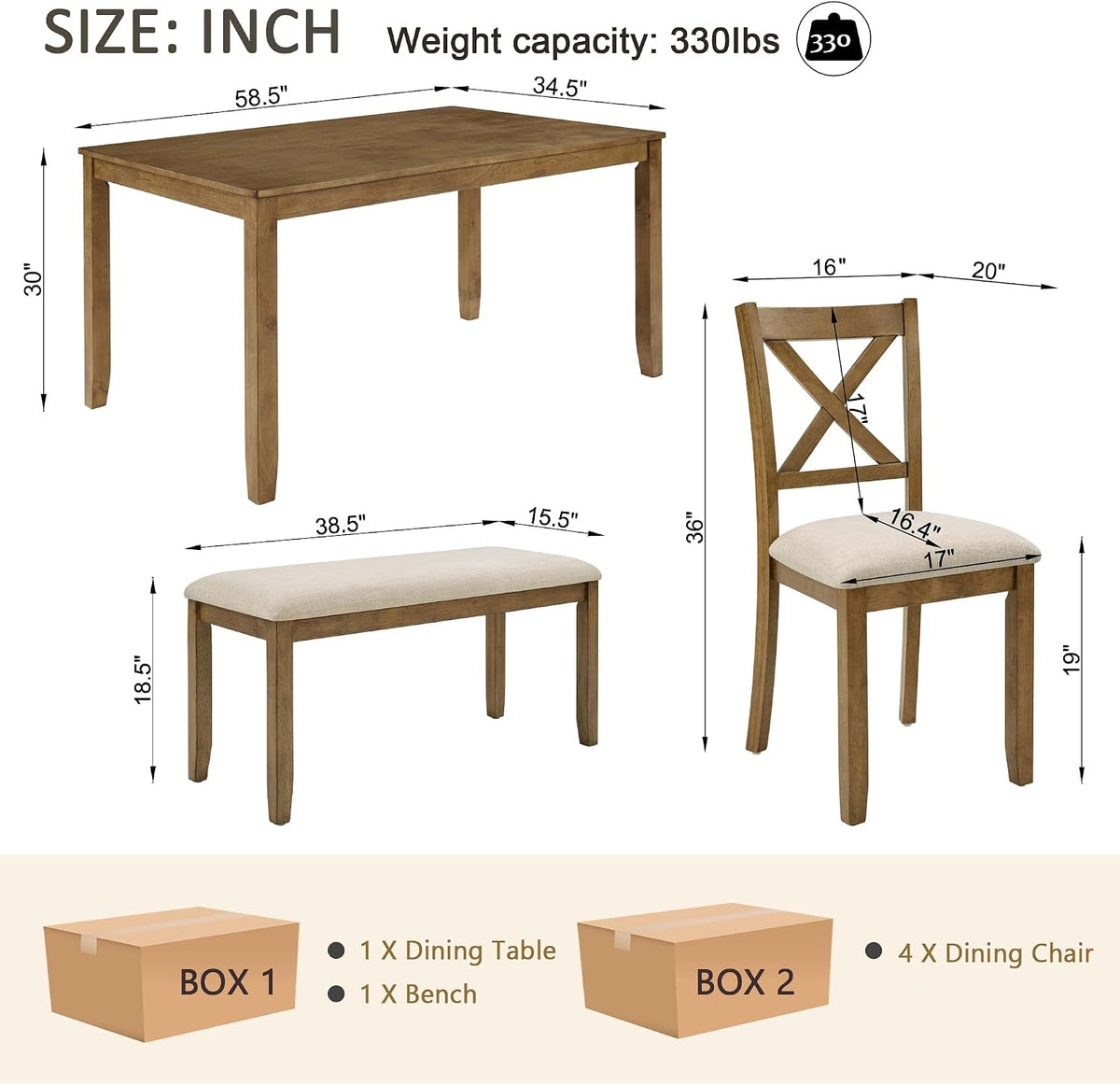 Merax 6-Piece Wood Kitchen Dining Table Set, 58.5" Rectangular Table with 4 Upholstered Chairs & 1 Bench, Rubberwood Legs Modern Elegant Farmhouse for Kitchen Room, Oak