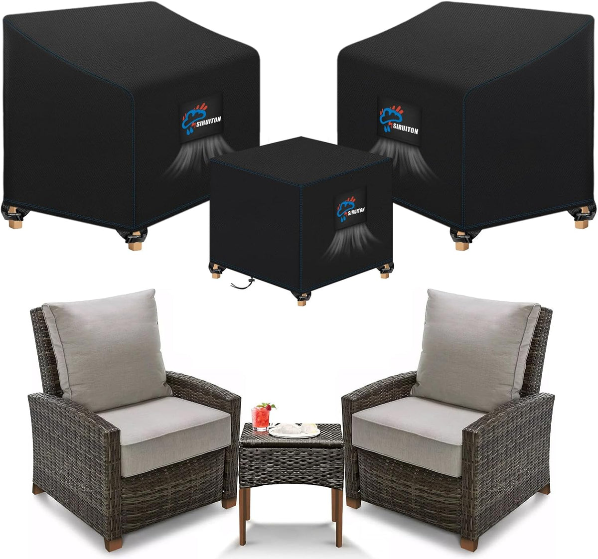 SIRUITON 3 Piece Outdoor Veranda Patio Garden Furniture Cover Set with 420D Durable and Water Resistant Fabric,Fit for Outdoor Wicker Patio Furniture Sets/Rattan Chair Conversation Sets-Balck