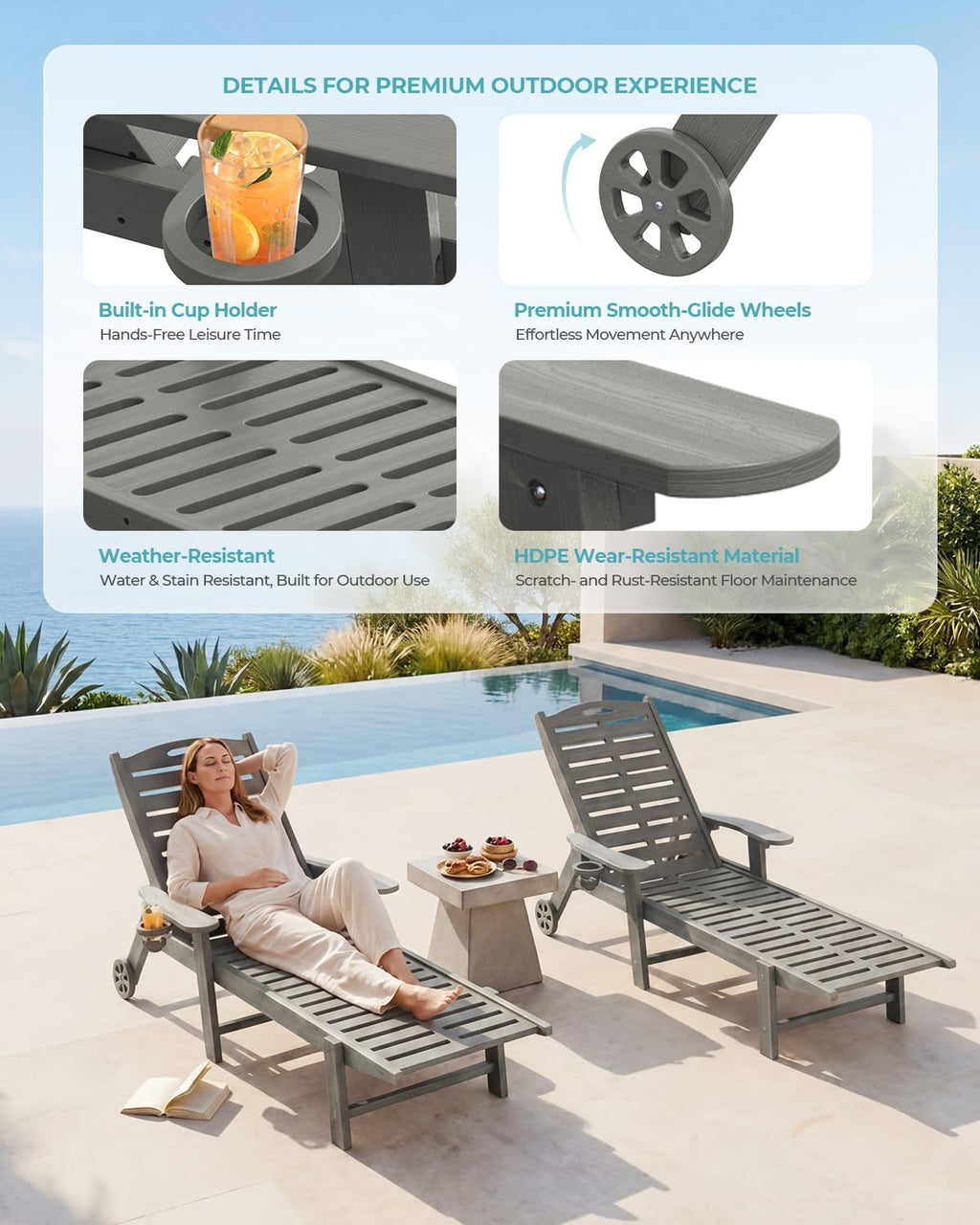 Ciokea Outdoor Chaise Lounge Chair, 5-Position Adjustable, Grey