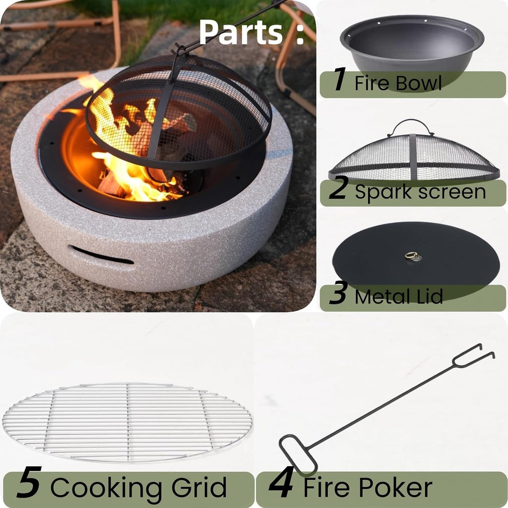 Round Wood Burning Concrete Outdoor Fire Pit for Patio-22