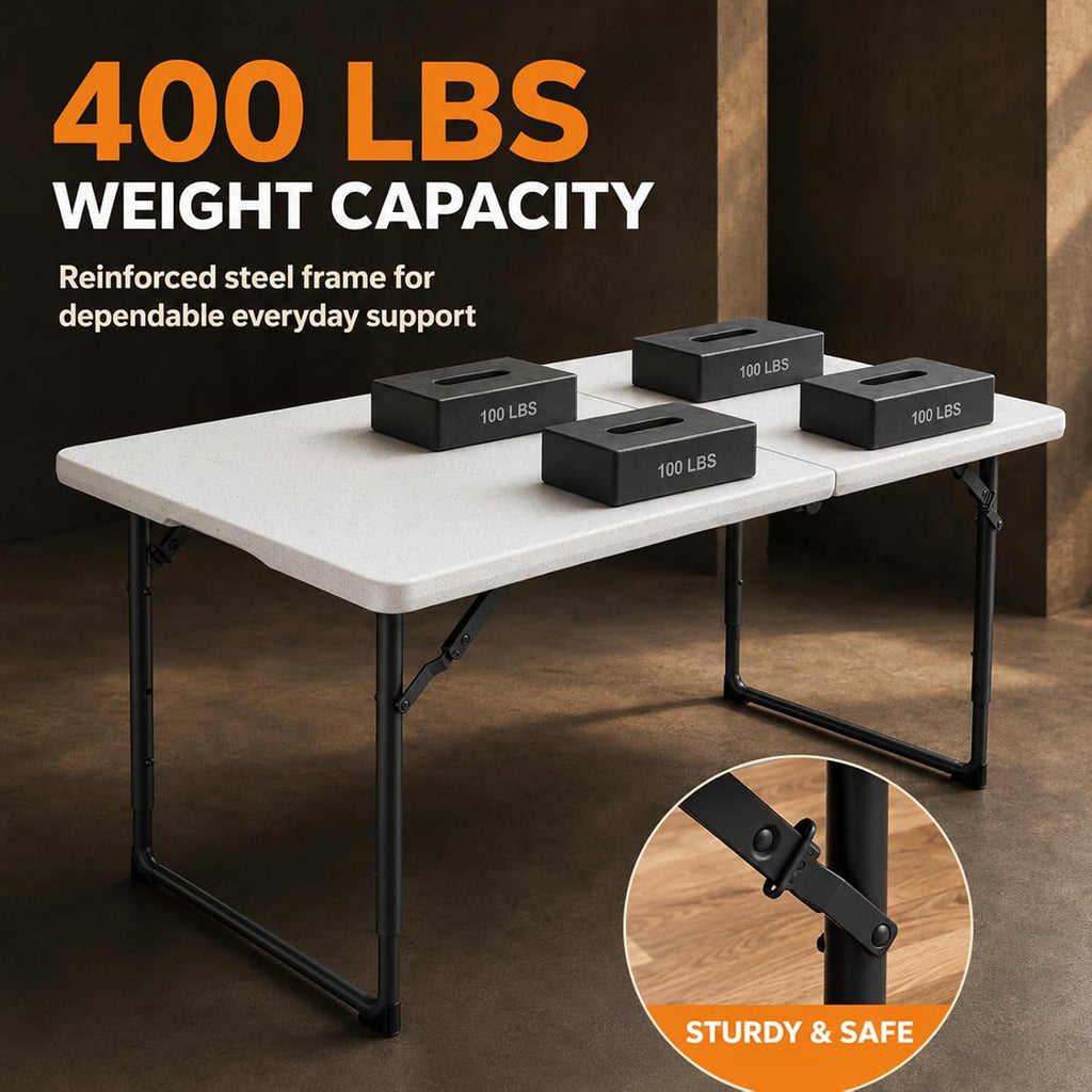 4FT Folding Table 3 Levels Adjustable Height, Heavy Duty Fold-in-Half Portable Table, 400 lbs Capacity Foldable Table for Party Dining Camping Events Picnic Outdoor Indoor Use