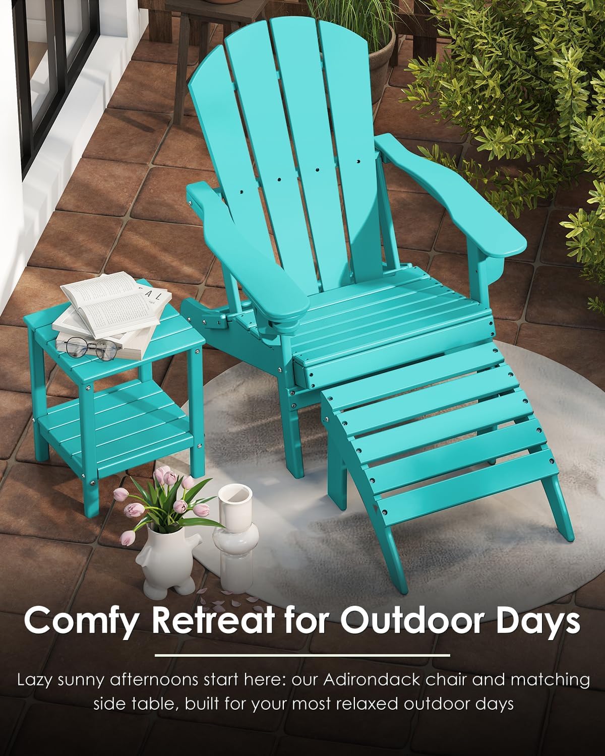 GREENVINES Folding Adirondack Chair w/Cup Holder, HDPE, Aqua