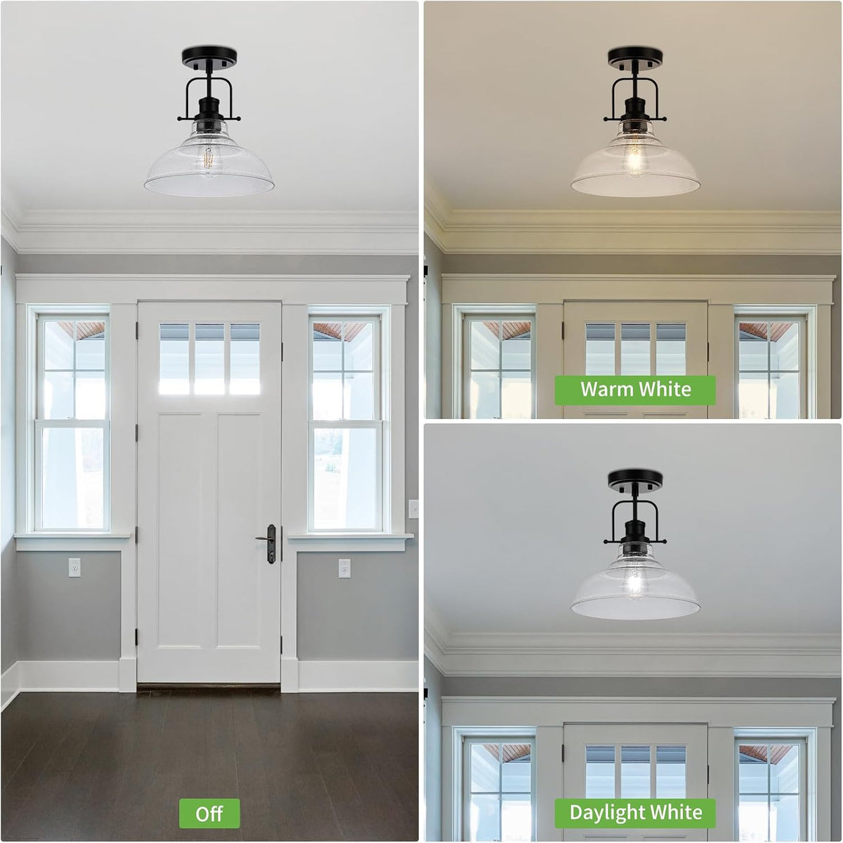WILON Black Semi Flush Mount Ceiling Lights, Kitchen Lighting Fixtures with Seeded Glass Shade, Farmhouse Ceiling Lights for Kitchen Hallway Entryway Foyer Laundry Room