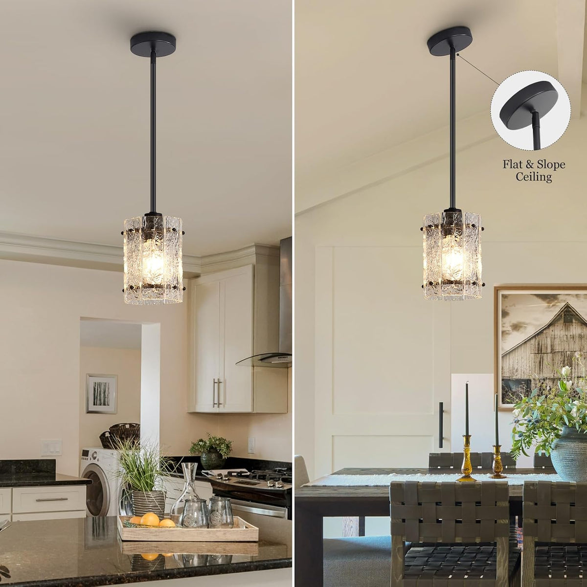 Black Glass Pendant Lights Kitchen Island, Water Ripple Round Pendant Lights Adjustable Modern Hanging Pendant Light Fixtures for Kitchen Island Dining Room Above Sink Foyer Entryway 2 Pack