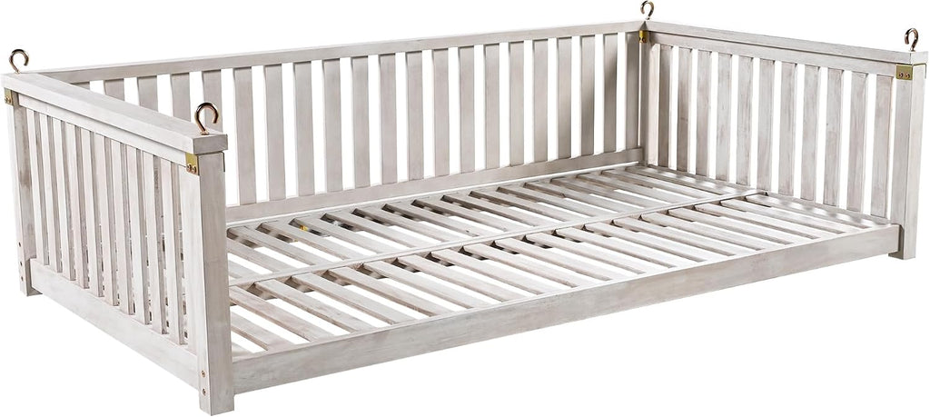 LUMISOL Outdoor Porch Swing Bed, Twin Size Acacia Wood Swing Bed Frame with Ropes, Swing Loveseat for Patio, Garden, Backyard, Safe Sloped Design, White
