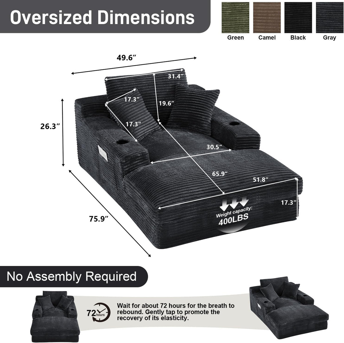 75.9"D Oversized Chaise Lounge Chair Indoor with Cup Holders,Dark Grey