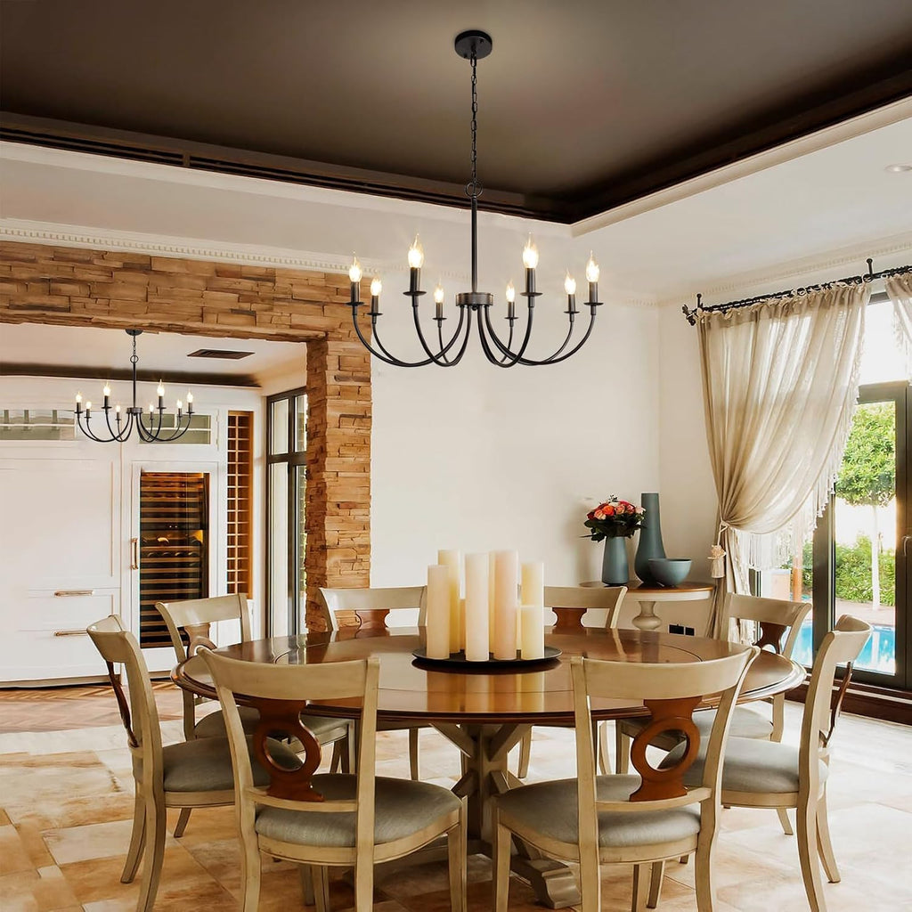 8 light black farmhouse chandelier, dining room light shown in use
