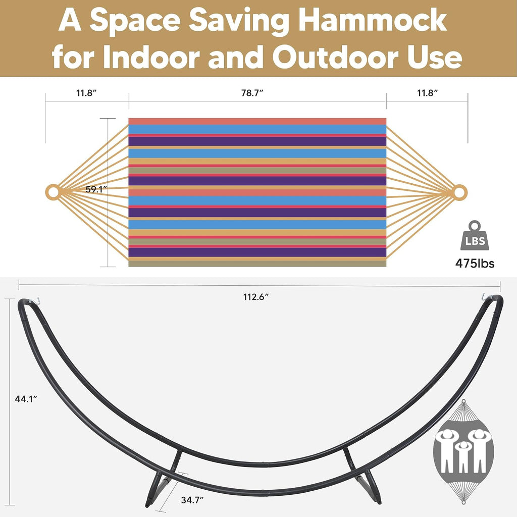 SUNCREAT Portable Space Saving Hammock with Stand, Two Person Hammock with Stand Included, Patent Pending, Rainbow