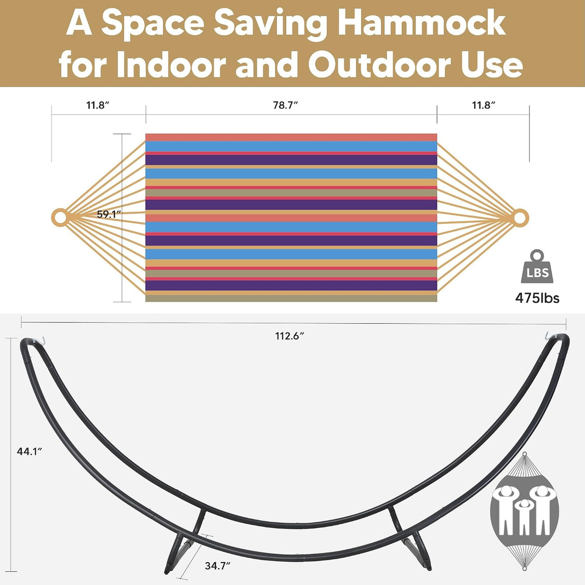 SUNCREAT Portable Space Saving Hammock with Stand, Two Person Hammock with Stand Included, Patent Pending, Rainbow