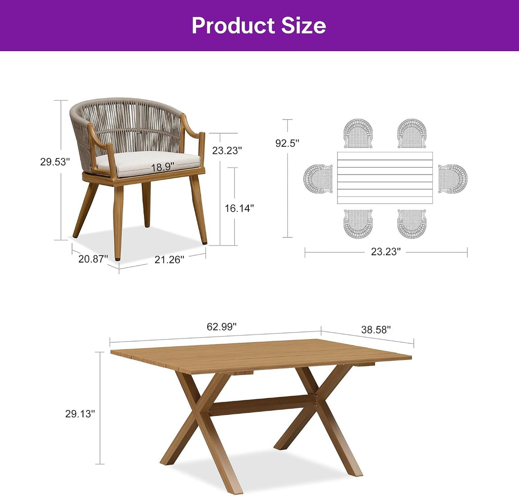 PURPLE LEAF Outdoor Dining Set for 6 Aluminum Table Set w/Cushions, Teak