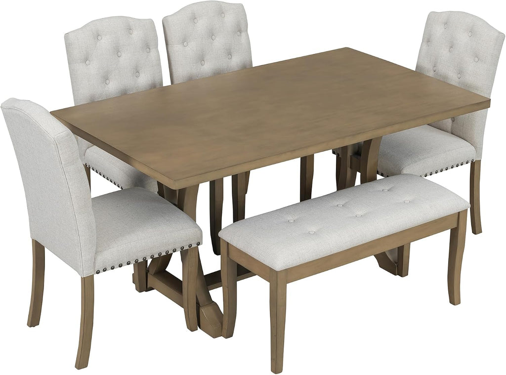 Harper & Bright Designs Classic and Traditional Style 6 - Piece Dining Set, Includes Dining Table, 4 Upholstered Chairs & Bench (White+Gray) (White+Gray) (Natural Wood Wash1)