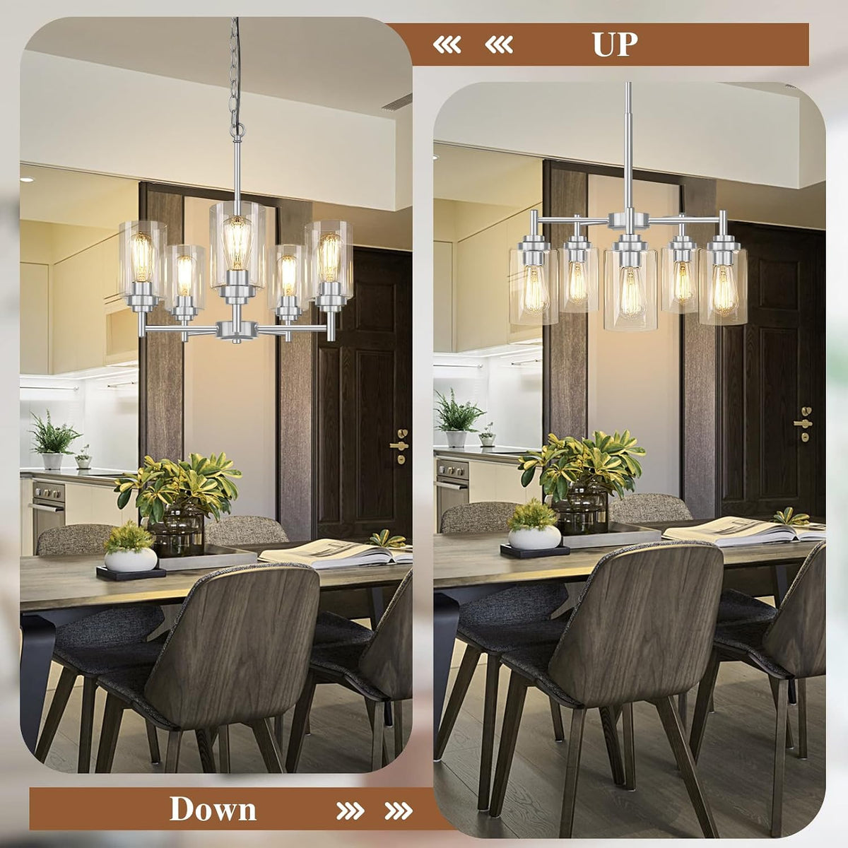 D19.8" Chandelier for Dining Room, 5-Light Light Fixture Brushed Nickel
