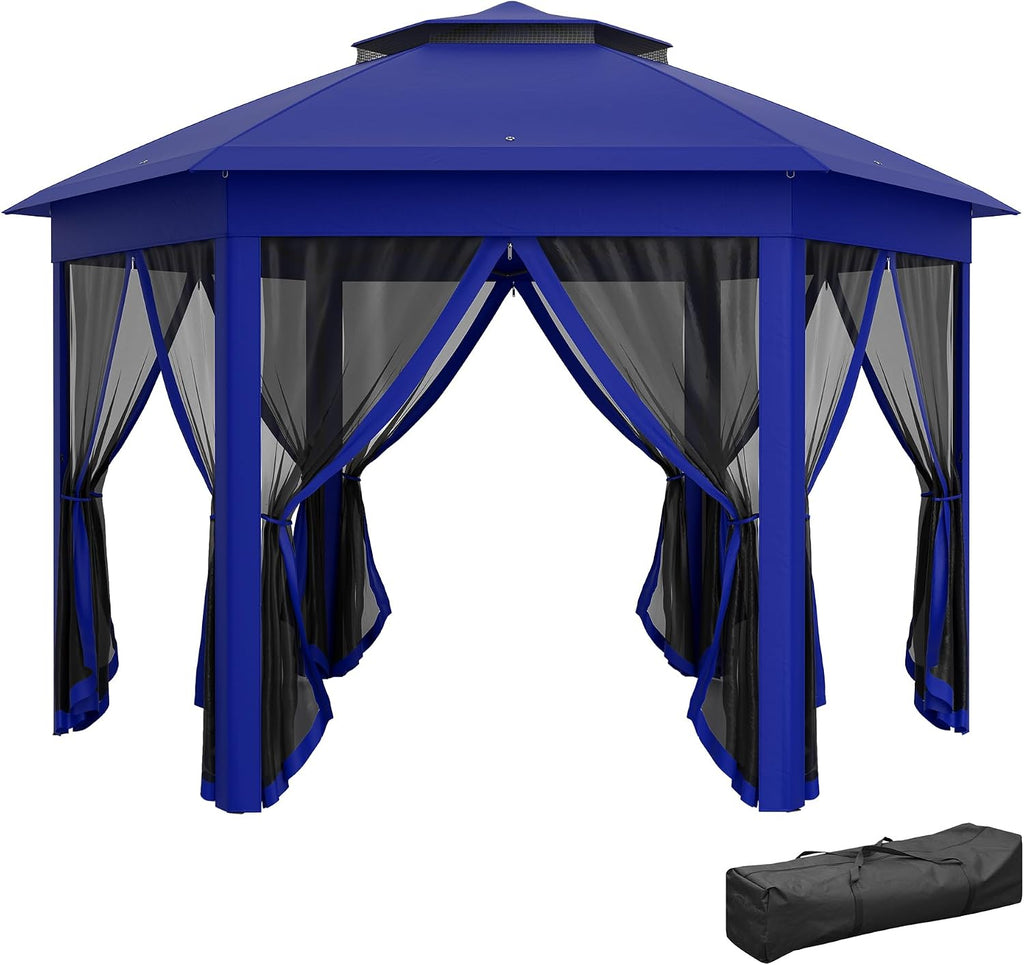 Outsunny 13' x 13' Pop Up Gazebo, Hexagonal Event Tent, Dark Blue and Black