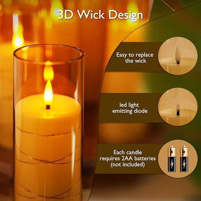 Raycare Flameless Candle with Remote Timer – 9 Flickering Acrylic Battery Operated LED Pillar Candles with Embedded Star String for Halloween, Home Decor, and as a Gift(Glod) (9 Pcs)