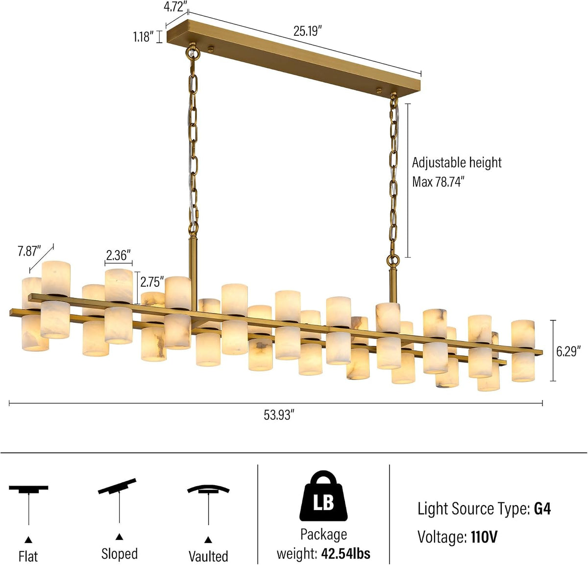 Alabaster Rectangular Chandelier for Dining Room, L54in Modern Chandeliers, Adjustable Marble Pendant Light Fixture, Rectangle Chandelier for Dining Table Living Room Kitchen Island(Brass)