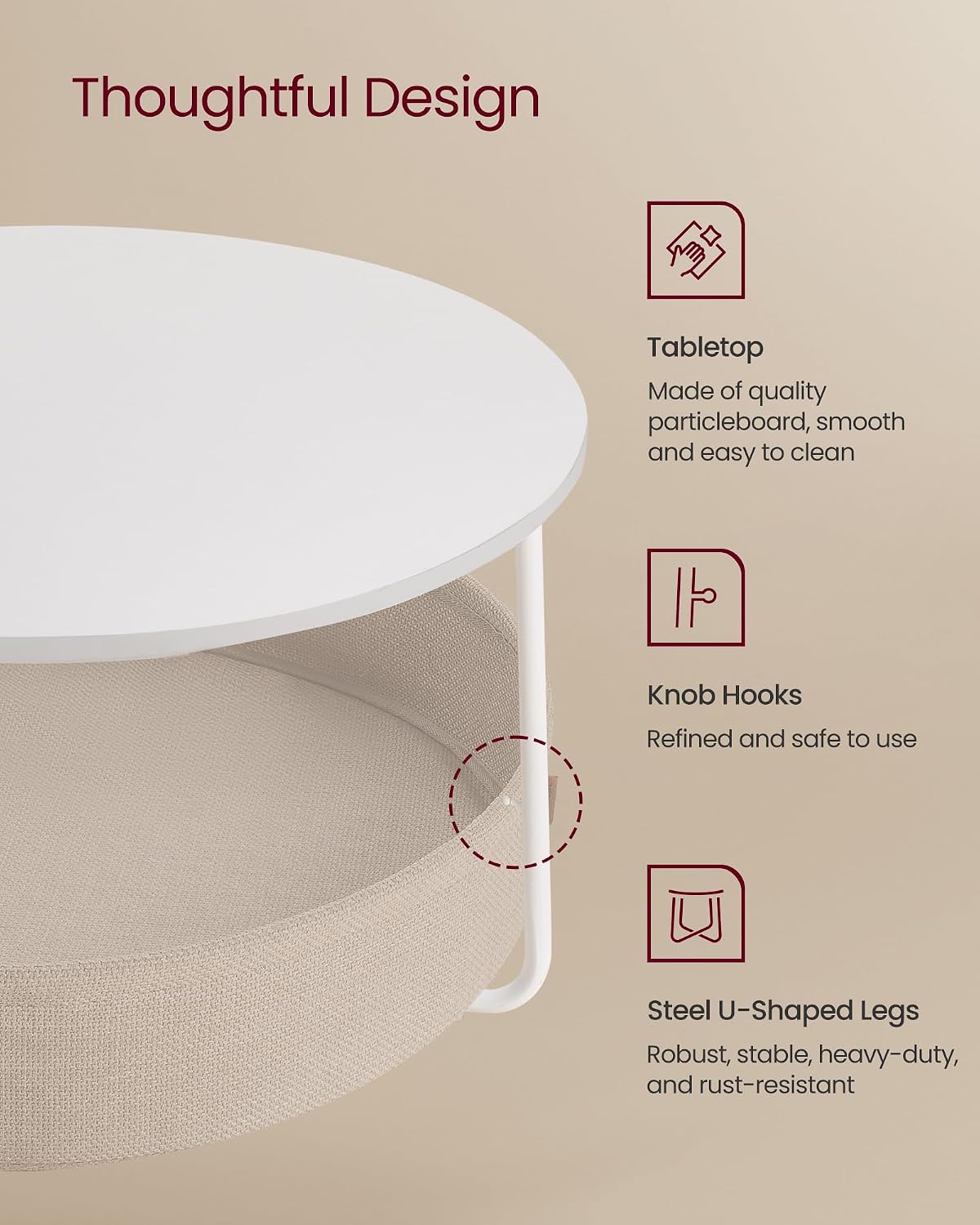 VASAGLE Round Coffee Table with Storage, Fabric Basket, Metal Frame