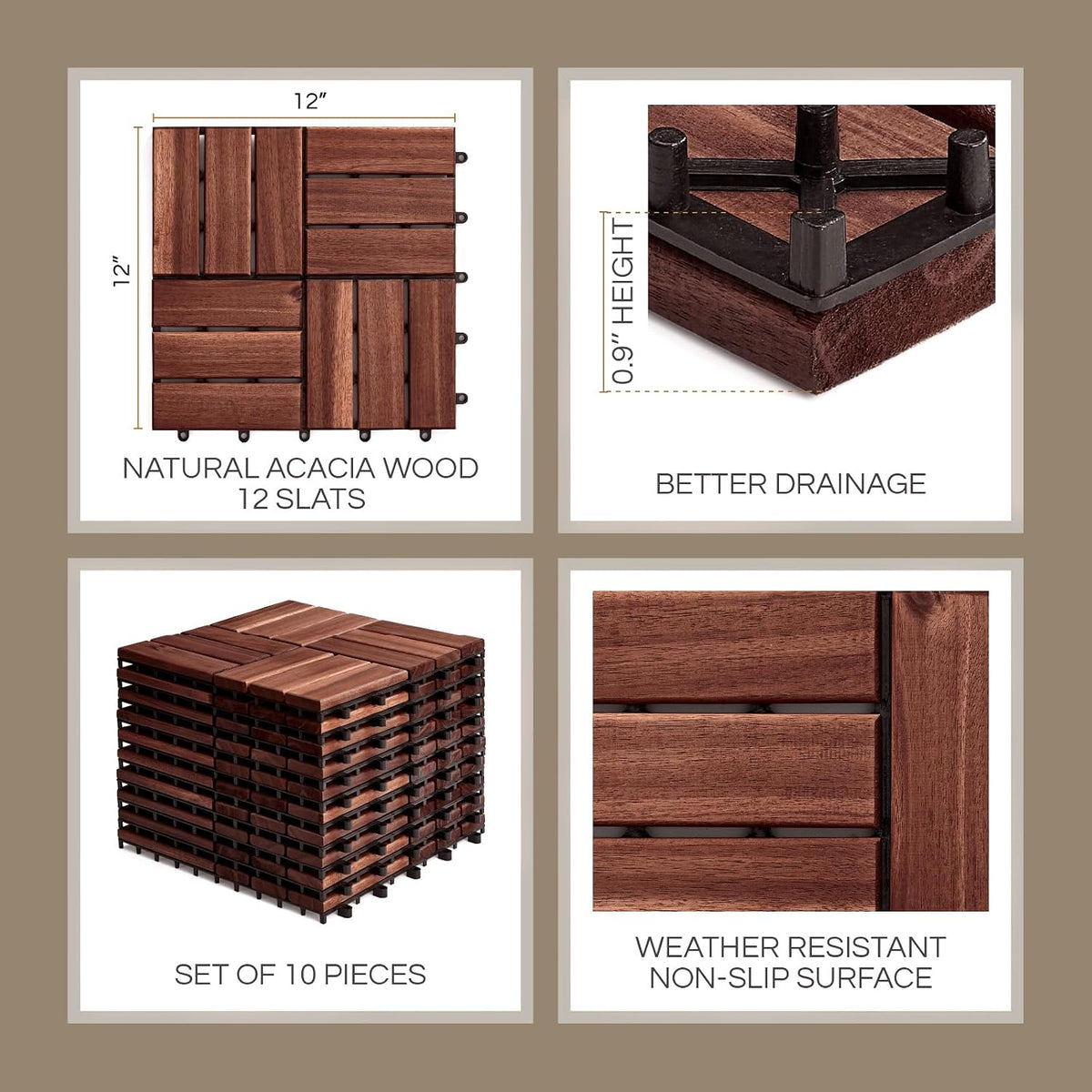 THYOI Premium Deck Tiles, 10 Pcs Patio Flooring - Brown - Round Joint