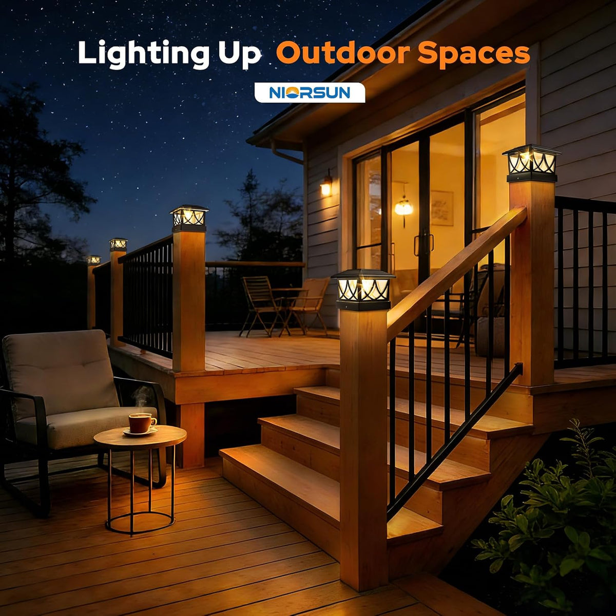 NIORSUN 4x4 Post Solar Lights, 3 Color Temps & 2 Brightnesses, 8 Pack Black