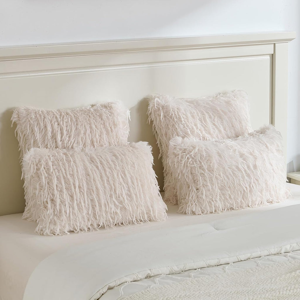 FUTEI Pack of 2 Fluffy Faux Fur Throw Pillow Covers 18x18 Inch, Cream White