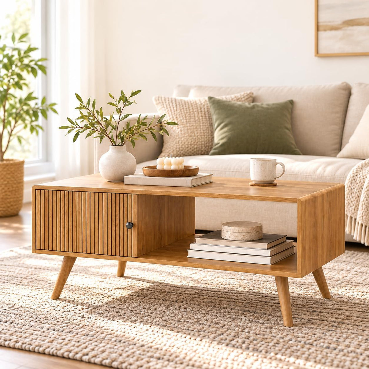Manora Mid Century Modern Coffee Table with Storage, Natural Wood Finish
