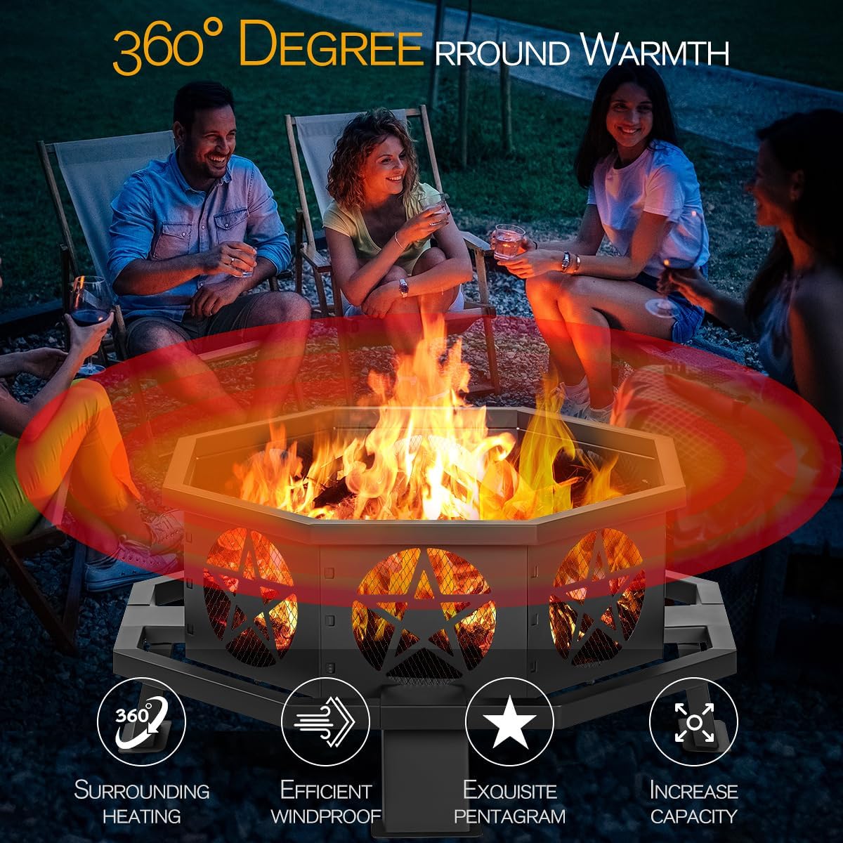 Verdeluxe 32 Inch Outdoor Octagonal Fire Pit with Fire Poker Black