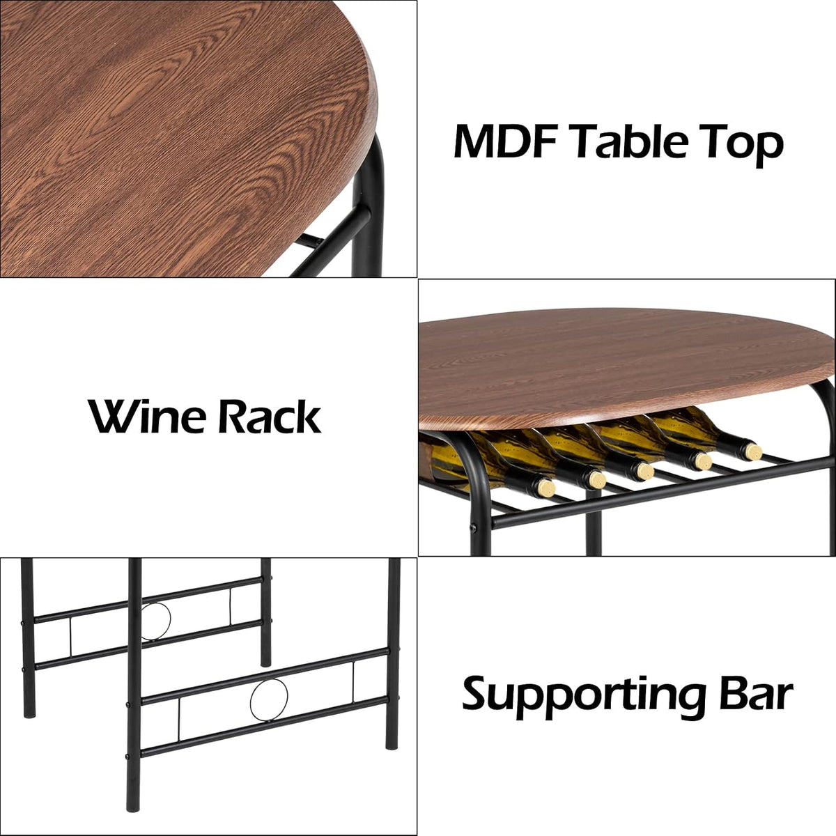 VINGLI 3 Piece Dining Set,Small Kitchen Table Set for 2,Breakfast Table Set for 2,Kitchen Wooden Table and 2 Chairs for Small Space/Dining Room/Apartment,Metal Frame,Wine Rack,Black&Walnut