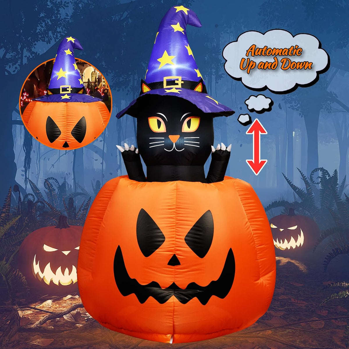 5.3 FT Halloween Inflatable Animated Witch Cat in Pumpkin, Blow Up Yard Decorations with Build-in LEDs Lighted Decor for Holiday Party Outdoor Indoor Lawn Garden