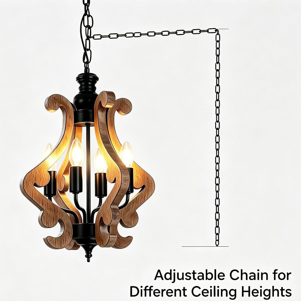 4‑light farmhouse chandelier, adjustable chain lantern pendant light, close-up detail