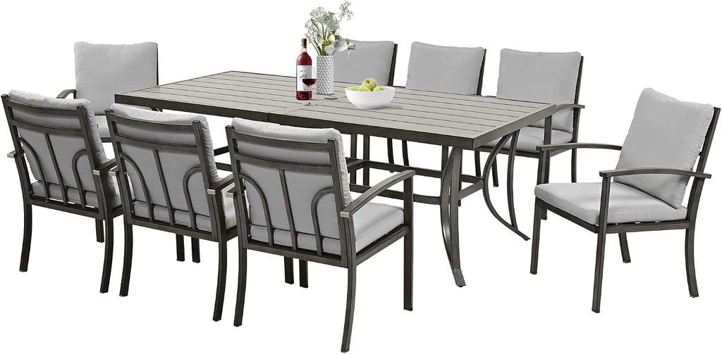 HAPPATIO 9-Piece Patio Dining Set - All Aluminum Table and Chairs for 8, Includes Rectangular Table and 8 Chairs with Cushions, Lawn, Garden