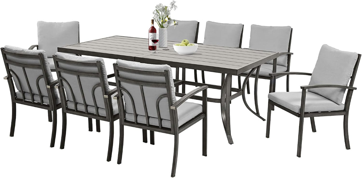 HAPPATIO 9-Piece Patio Dining Set - All Aluminum Table and Chairs for 8, Includes Rectangular Table and 8 Chairs with Cushions, Lawn, Garden