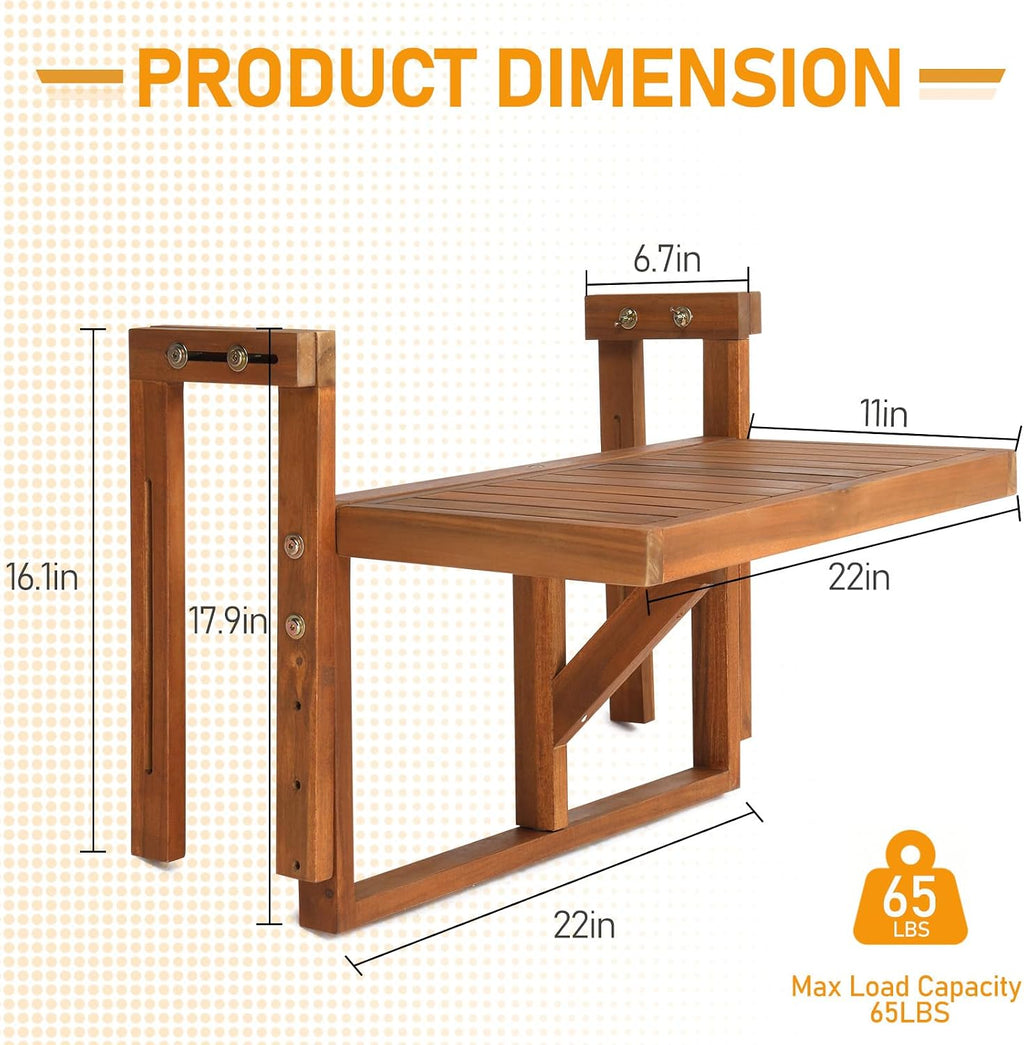 outvita acacia wood folding balcony bar table, rectangular shown in use
