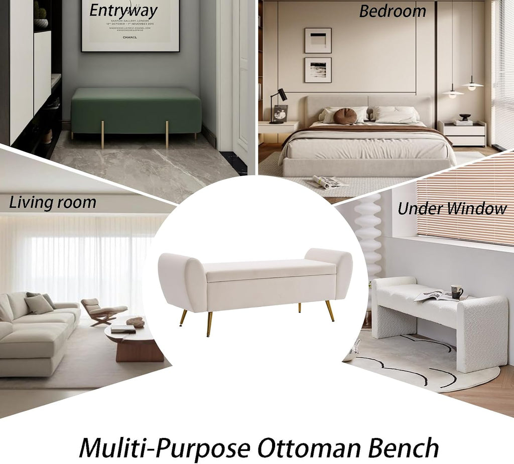 56" Storage Bench for Bedroom King Size Bed, Gold Legs, Velvet Ivory White