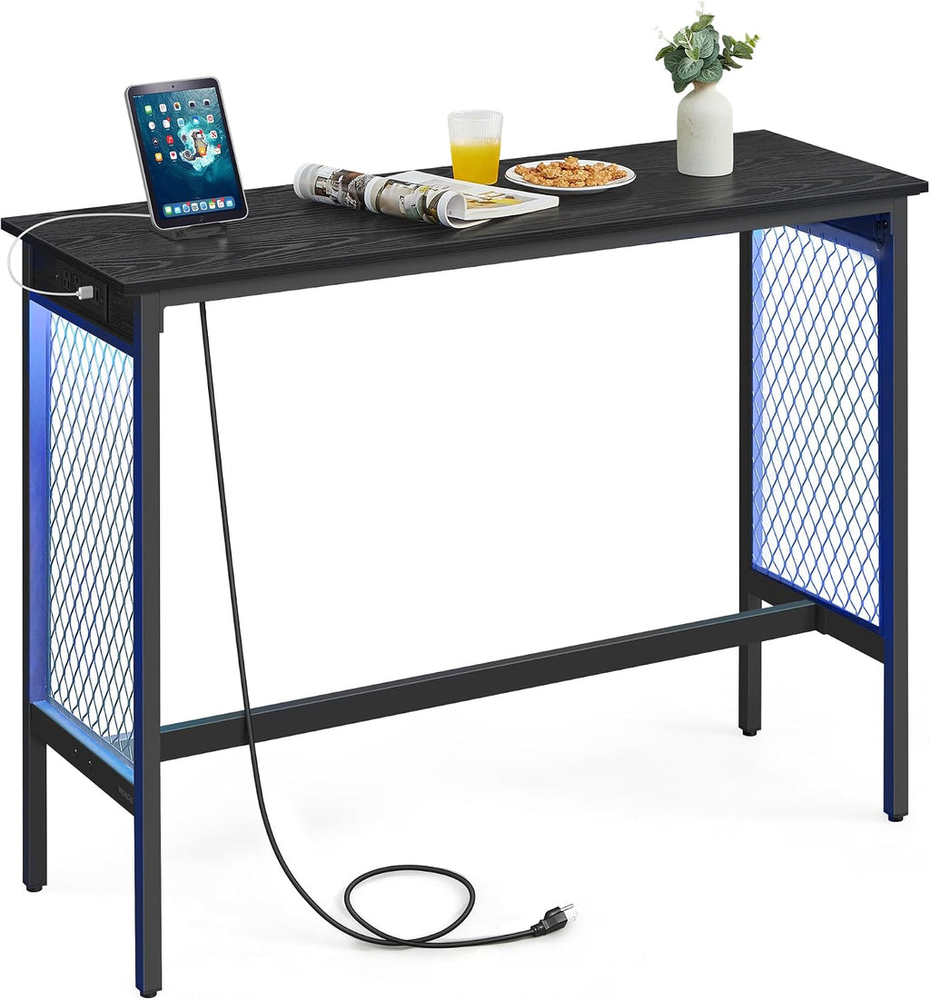 VASAGLE Bar Table with Power Outlets, LED Lights, Computer Desk, 47.2" L