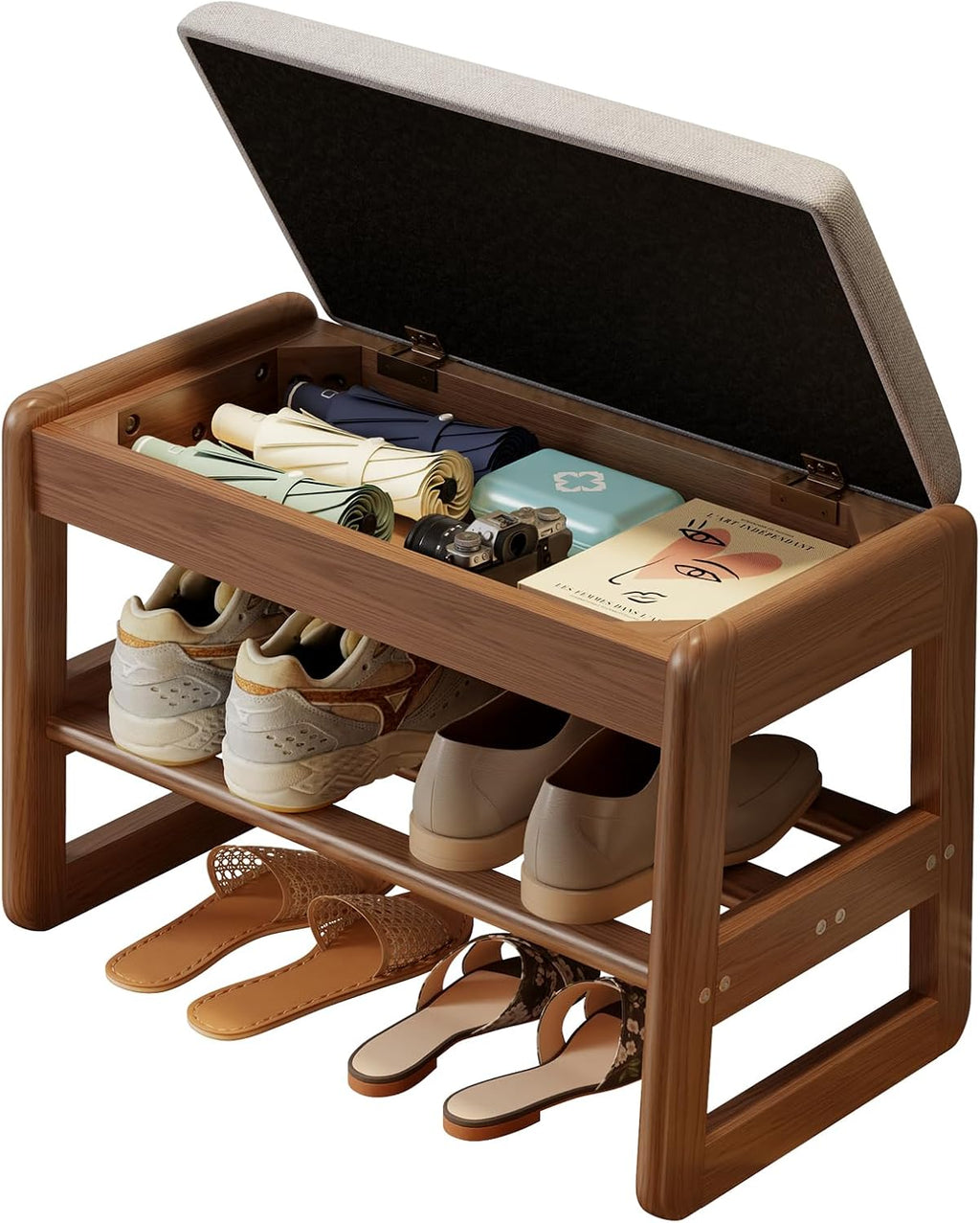AQIMUELE Shoe Rack Bench, Wooden 2 Tiers with Flip-Top Storage