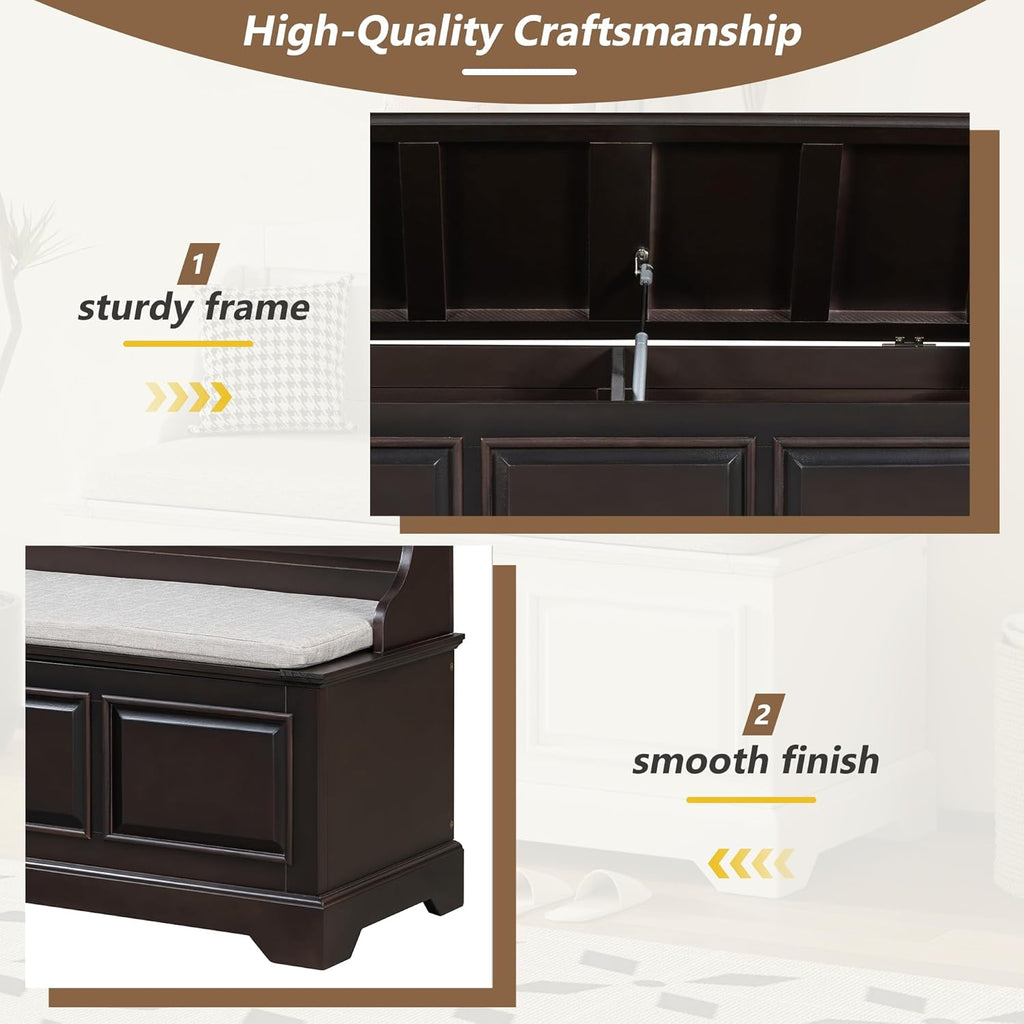 LUMISOL Shoe Storage Bench with Seating, 41.7” Farmhouse Entryway Bench with Cushion and Hidden Storage, Upholstered Storage Ottoman for Living Room, Entryway, Bedroom, Espresso