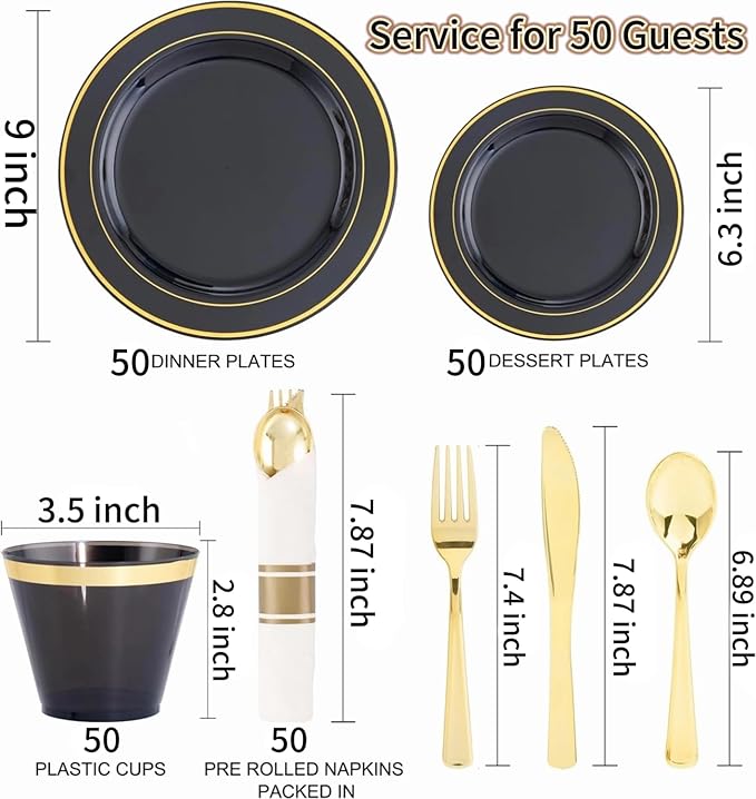 350 Pieces Black and Gold Plastic Plates with Disposable Silverware, Include 50 Dinner Plates 9”, 50 Dessert Plates 6.3”, 50 Black Cups 9 OZ, 50 Pre Rolled Napkins for Halloween new year
