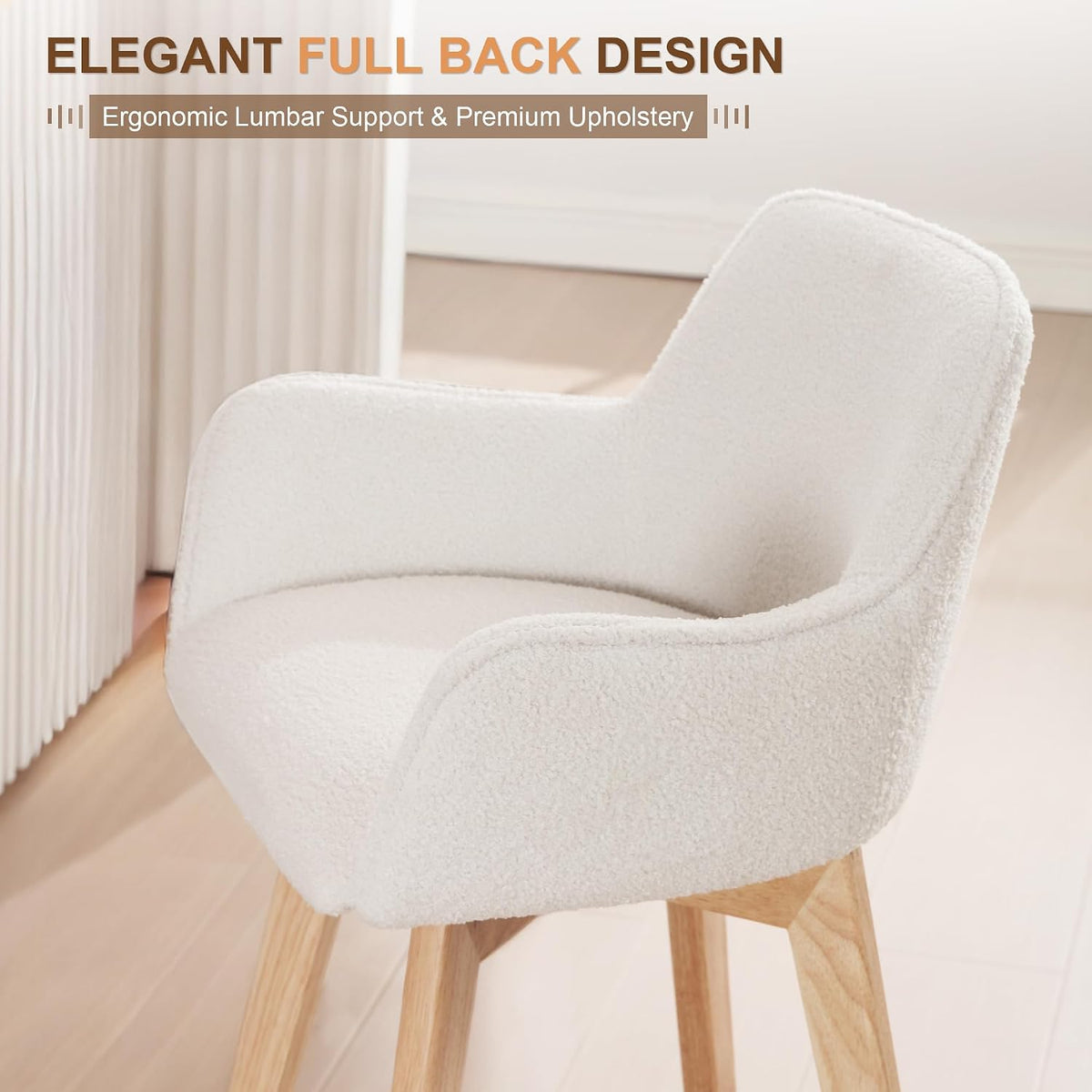 ONEVOG Boucle 26" Counter Height Bar Stools Set of 4, Swivel Modern Kitchen Island Tall Chairs with Back, Arm, Footrest and Wooden Legs, Sherpa Fabric Upholstered Barstools for Pub/Dining Room, White