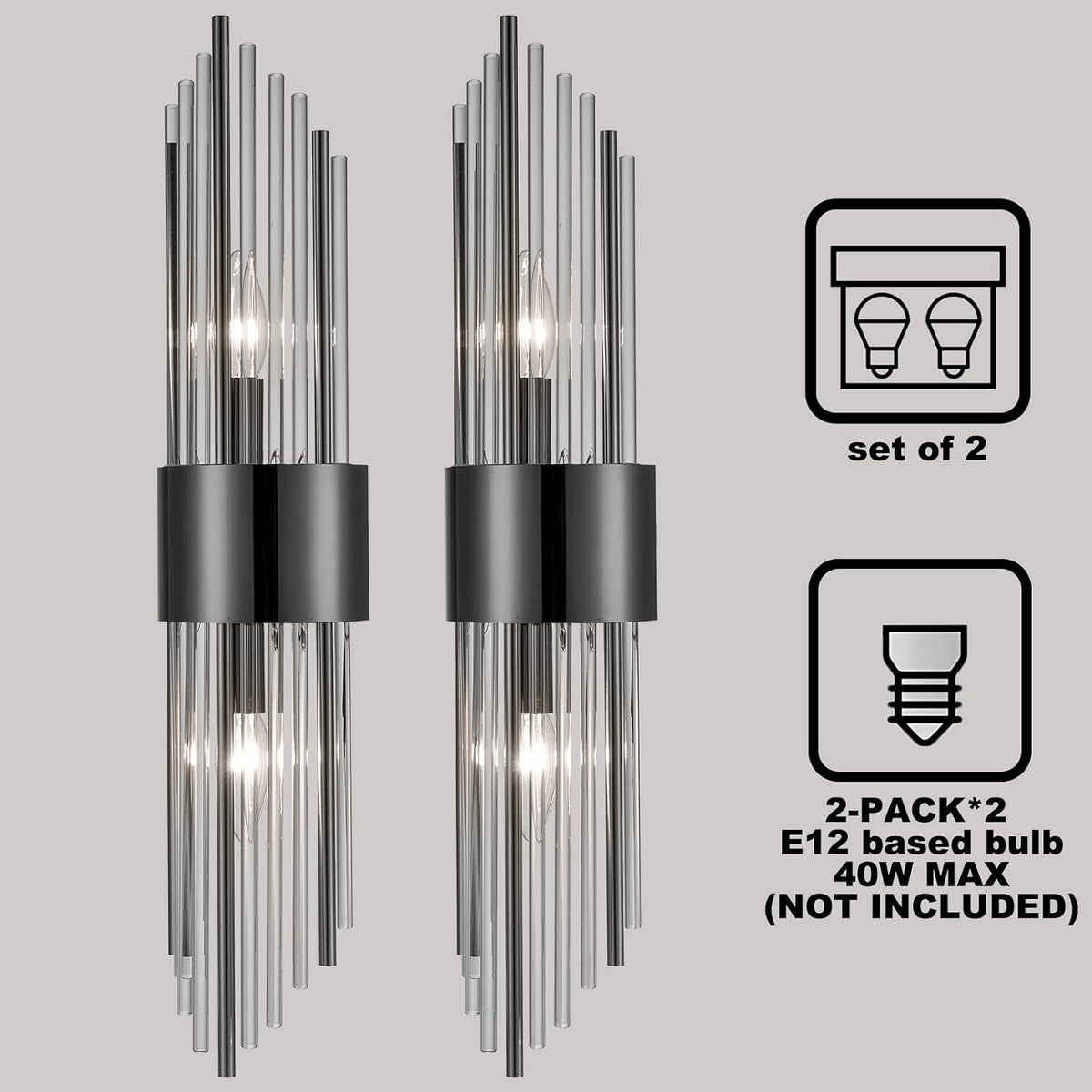 2-Light Modern Wall Sconce Black Clear Glass Crystal Vanity Light