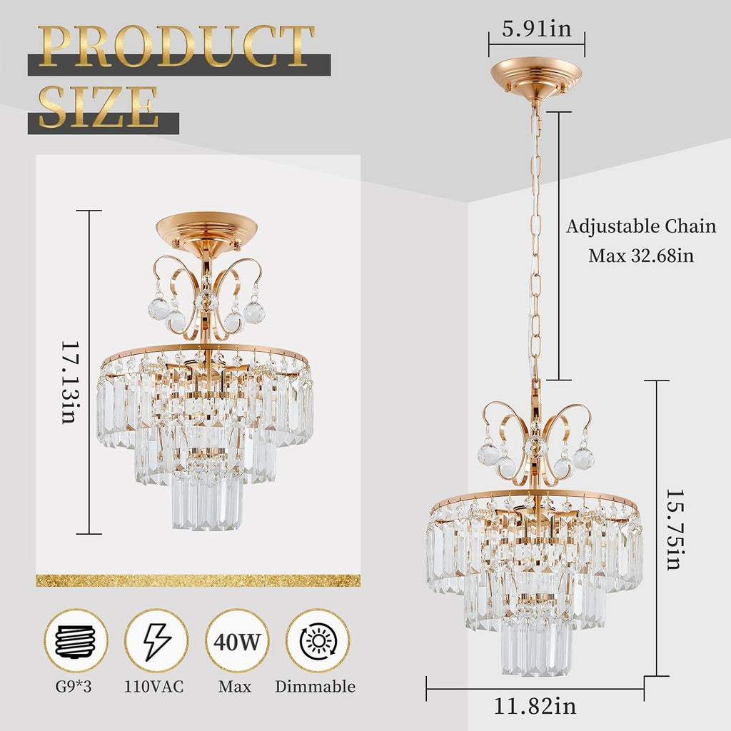 3-Light Gold Crystal Chandelier,Modern 3 Tier Semi Flush Mount Chandelier with G9 Base,Height Adjustable for Farmhouse Living Room Dining Room Bedroom Kitchen Corridors