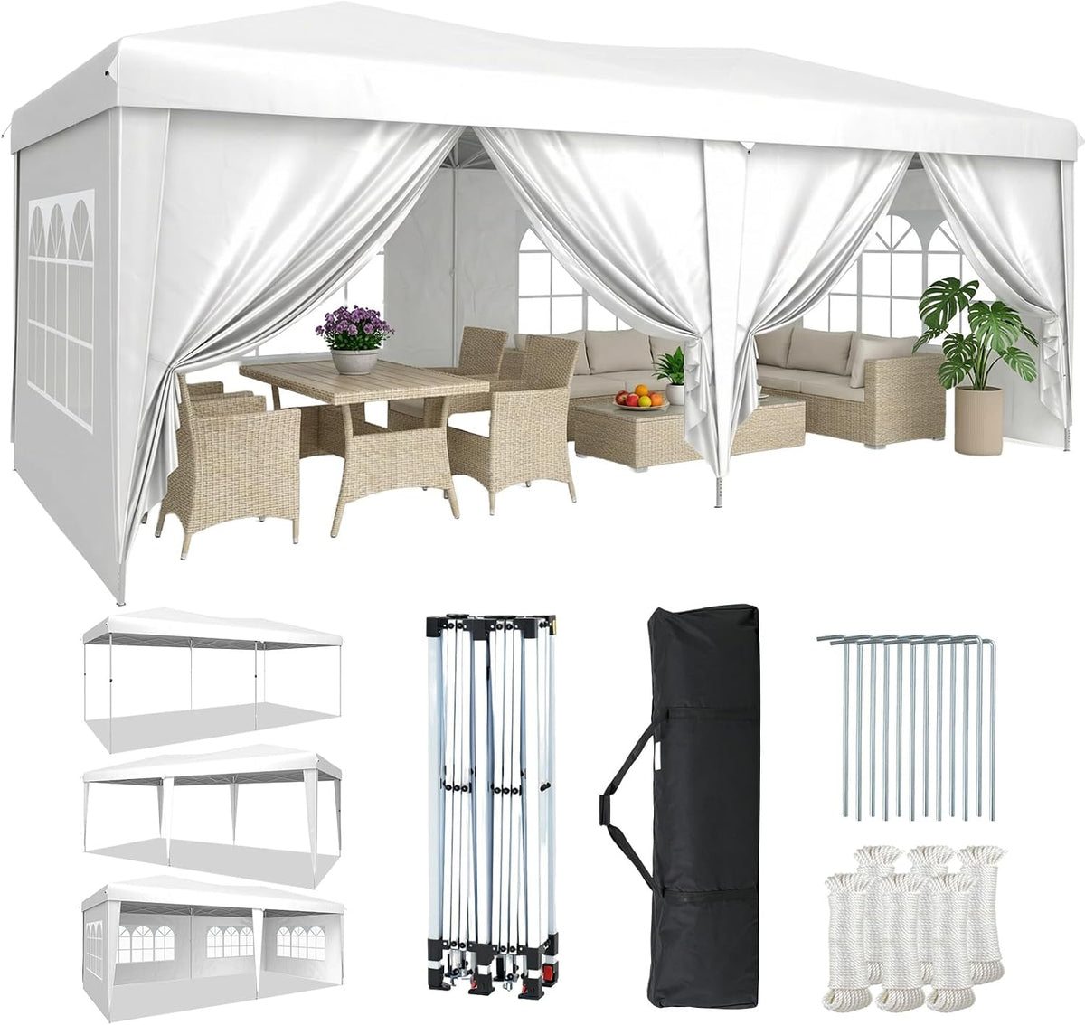 Aoxun 10x20 Pop Up Canopy Tent with 6 Sidewalls, Party Tent, White