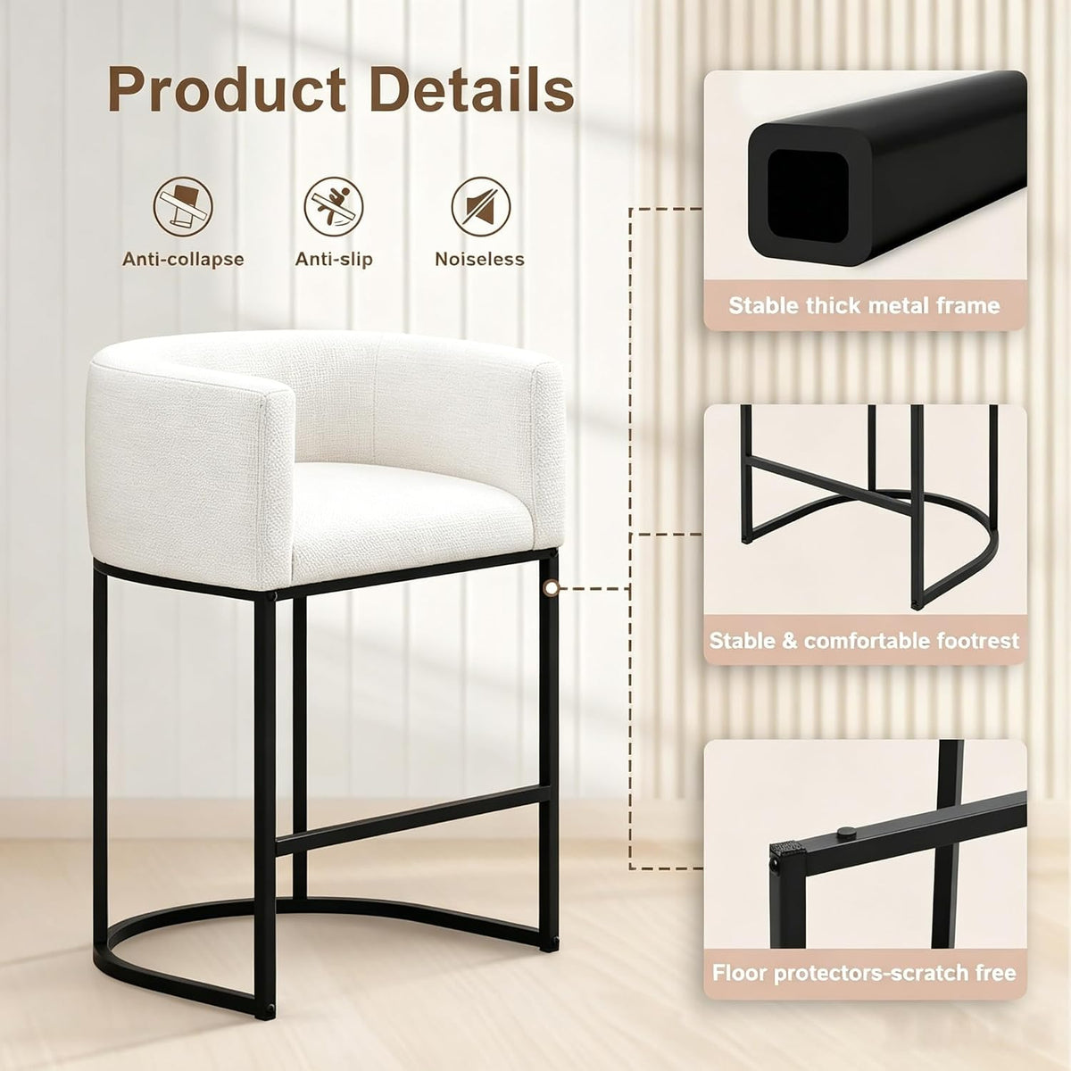 26" H Counter Height Bar Stools Set of 3, Modern Barrel Counter Stools with Backrest and Arms, Linen Fabric Upholstered Accent Barstools for Kitchen Island,Support 450 LBS (White)