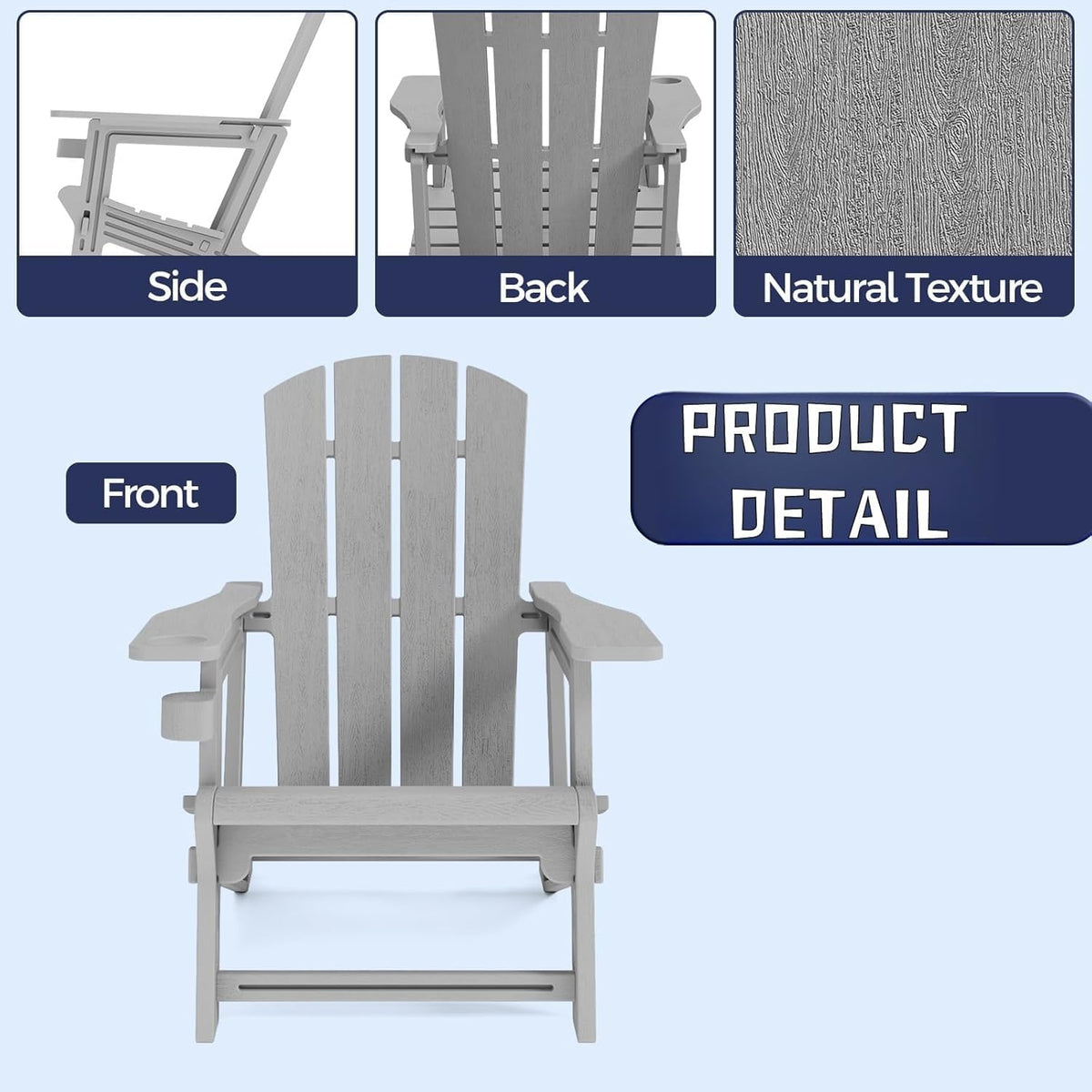 Adirondack Chair, All Weather Plastic Adirondack Chairs, Fire Pit Chairs with Cup Holder, Outdoor Lawn Chair for Patio, Garden, Backyard, Grey
