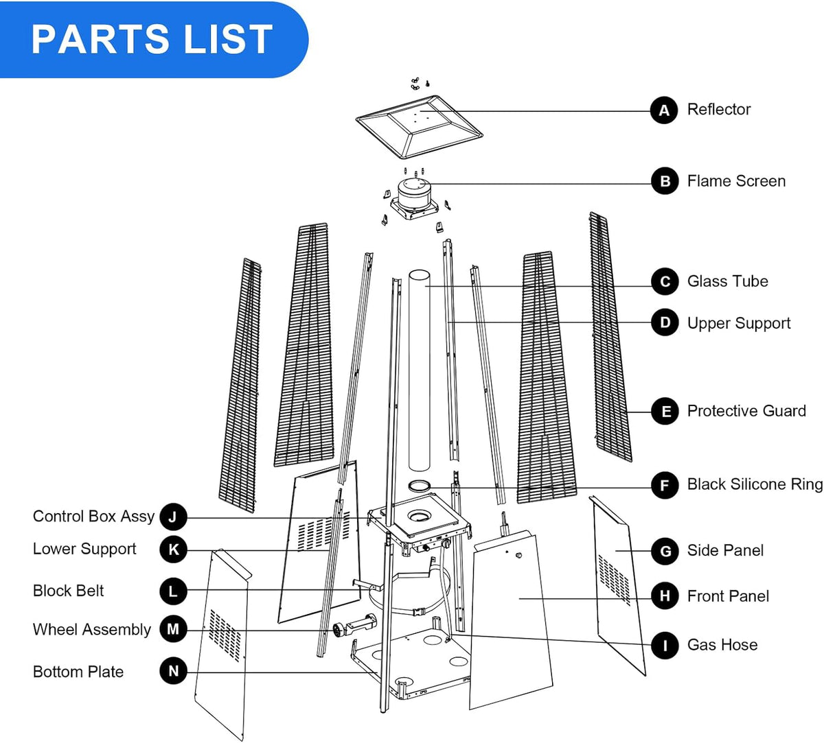 7 Bolt patio heater glass tube burner module replacement part 47000 BTU (including hose and regulating valve assembly kit）, suitable for square glass tube patio heaters, compatible with 3/4/7bolt